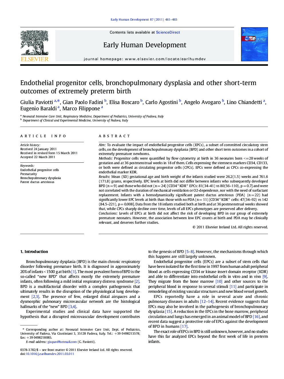 Endothelial progenitor cells, bronchopulmonary dysplasia and other short-term outcomes of extremely preterm birth