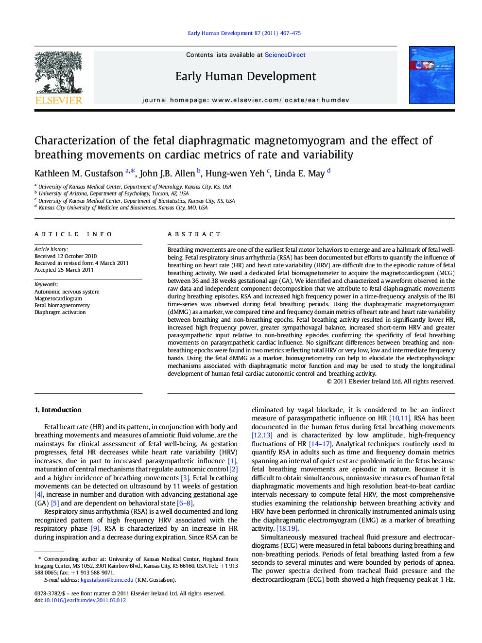 Characterization of the fetal diaphragmatic magnetomyogram and the effect of breathing movements on cardiac metrics of rate and variability