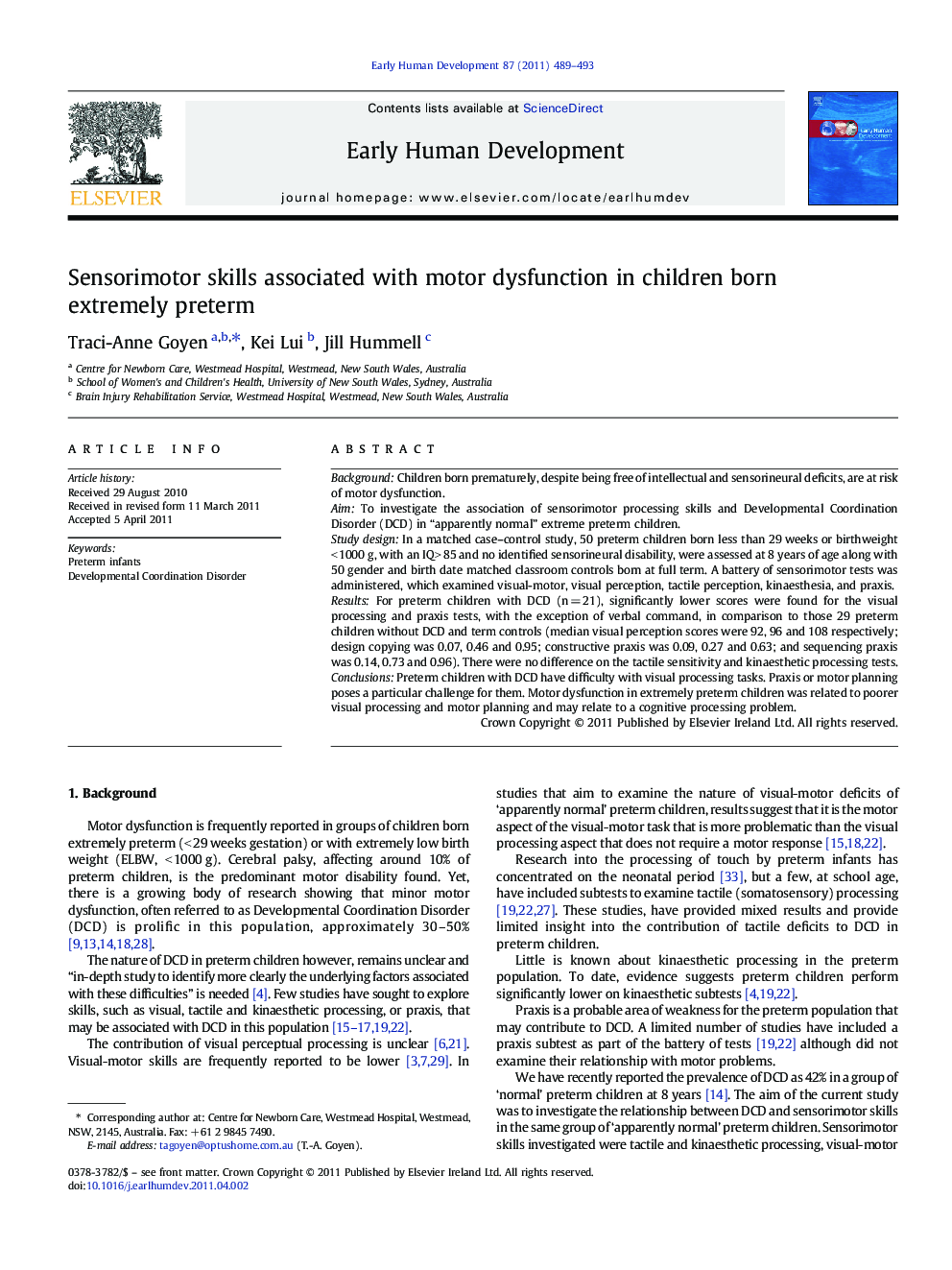 Sensorimotor skills associated with motor dysfunction in children born extremely preterm