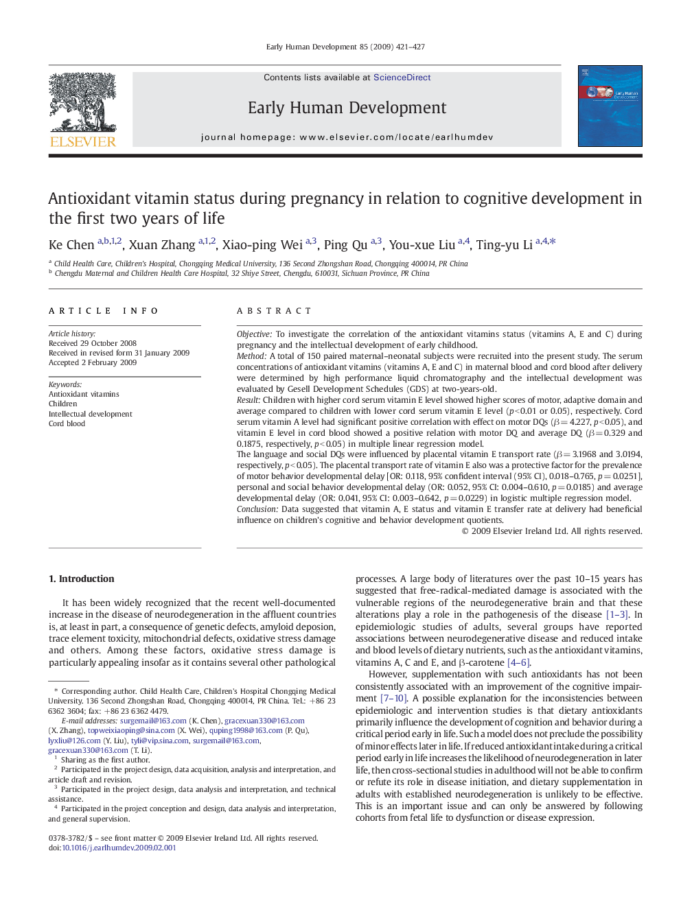 Antioxidant vitamin status during pregnancy in relation to cognitive development in the first two years of life