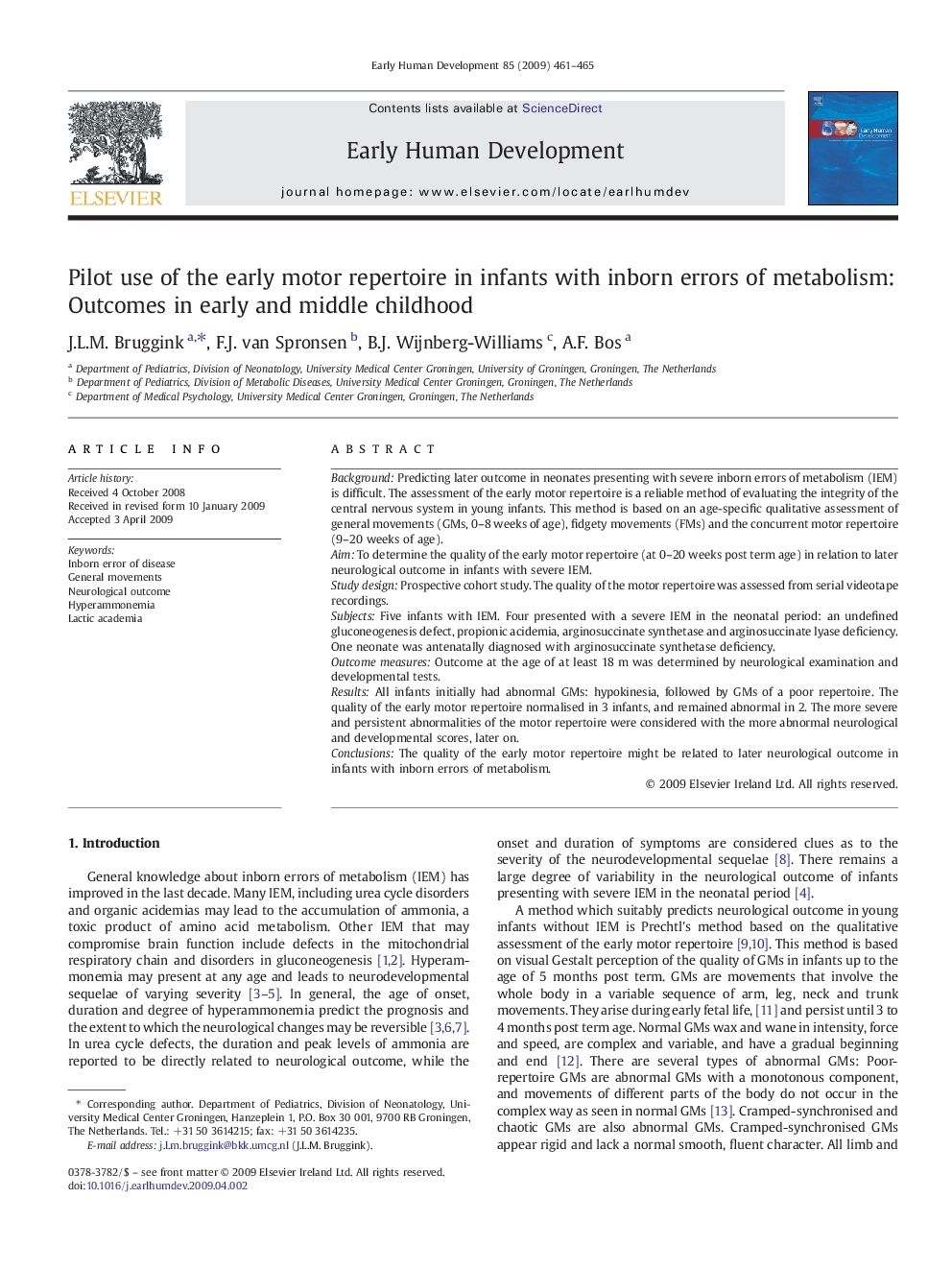 Pilot use of the early motor repertoire in infants with inborn errors of metabolism: Outcomes in early and middle childhood