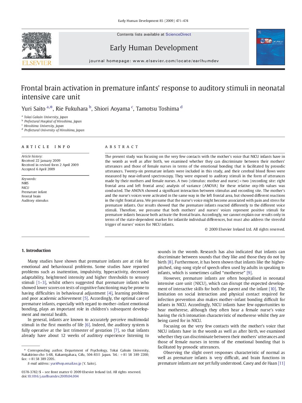 Frontal brain activation in premature infants' response to auditory stimuli in neonatal intensive care unit