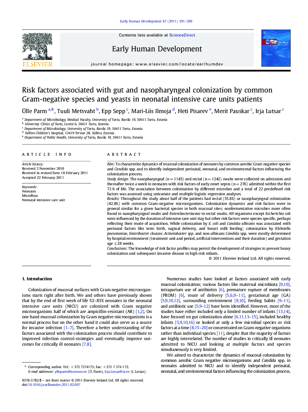 Risk factors associated with gut and nasopharyngeal colonization by common Gram-negative species and yeasts in neonatal intensive care units patients