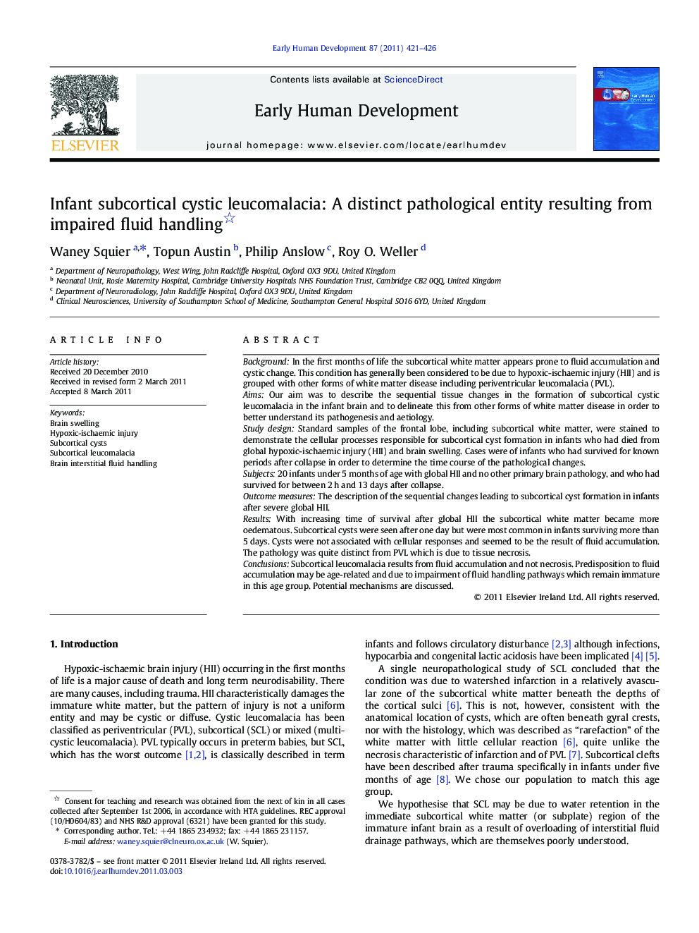 Infant subcortical cystic leucomalacia: A distinct pathological entity resulting from impaired fluid handling 