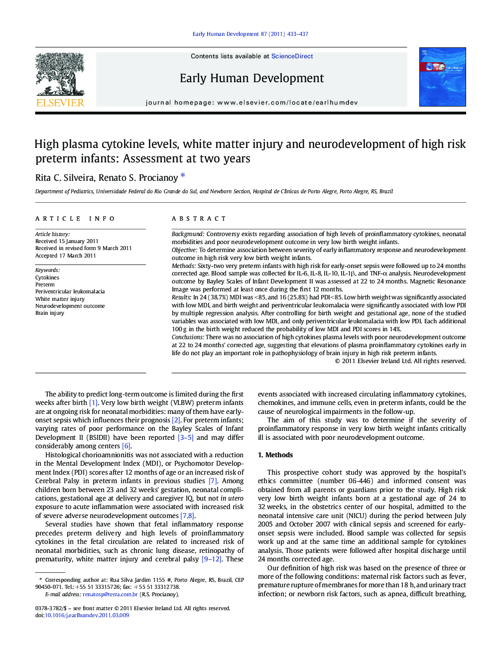 High plasma cytokine levels, white matter injury and neurodevelopment of high risk preterm infants: Assessment at two years