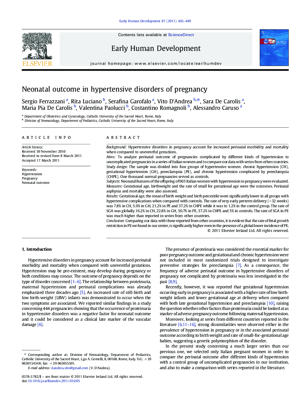 Neonatal outcome in hypertensive disorders of pregnancy