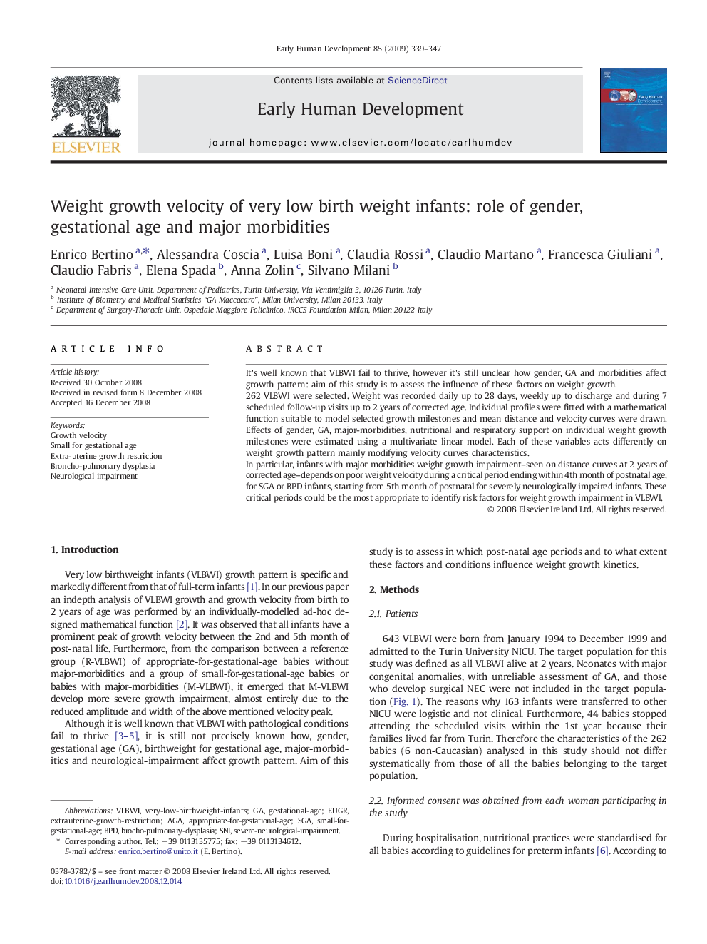 Weight growth velocity of very low birth weight infants: role of gender, gestational age and major morbidities