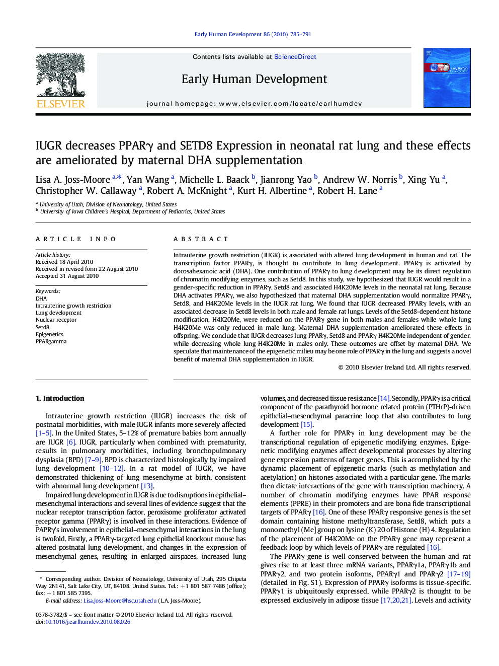 IUGR decreases PPARγ and SETD8 Expression in neonatal rat lung and these effects are ameliorated by maternal DHA supplementation