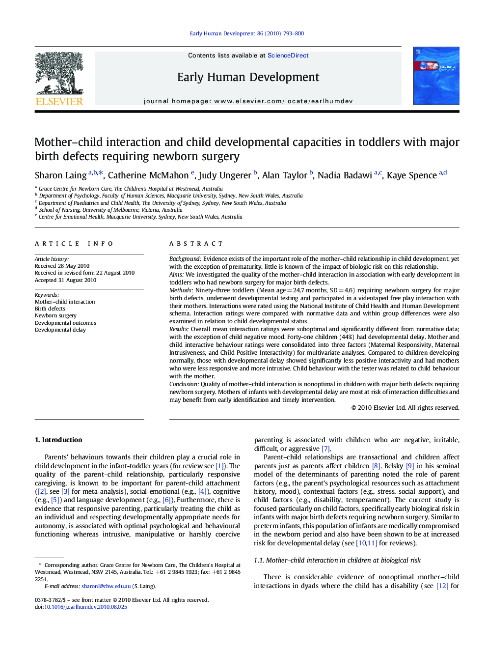 Mother–child interaction and child developmental capacities in toddlers with major birth defects requiring newborn surgery