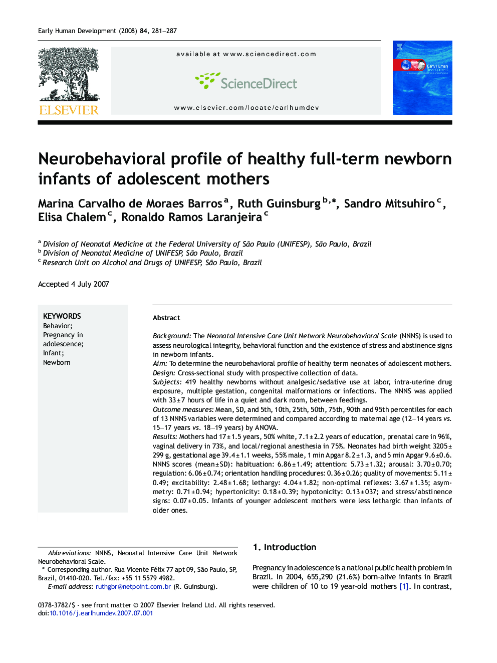 Neurobehavioral profile of healthy full-term newborn infants of adolescent mothers