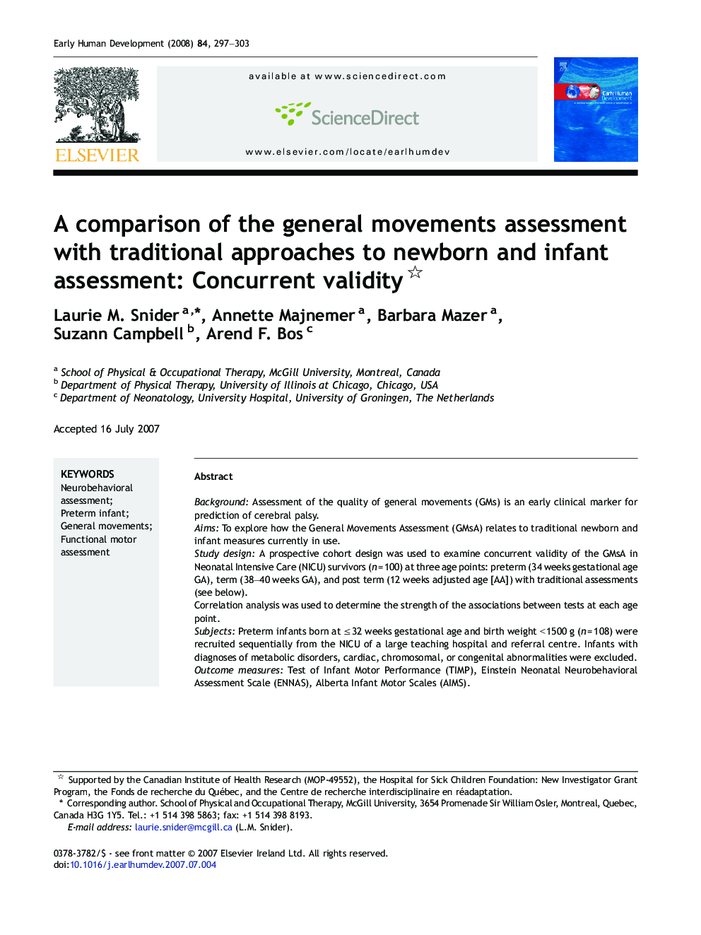 A comparison of the general movements assessment with traditional approaches to newborn and infant assessment: Concurrent validity 