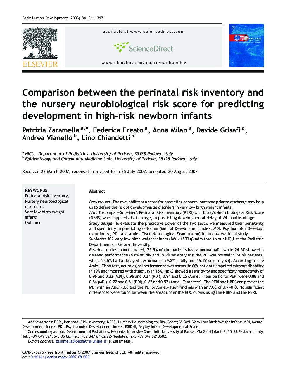 Comparison between the perinatal risk inventory and the nursery neurobiological risk score for predicting development in high-risk newborn infants