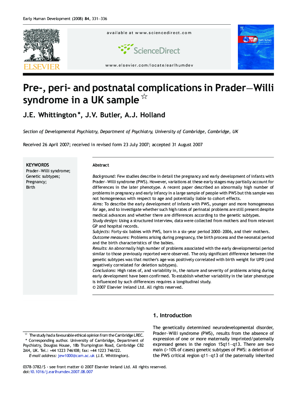 Pre-, peri- and postnatal complications in Prader–Willi syndrome in a UK sample 