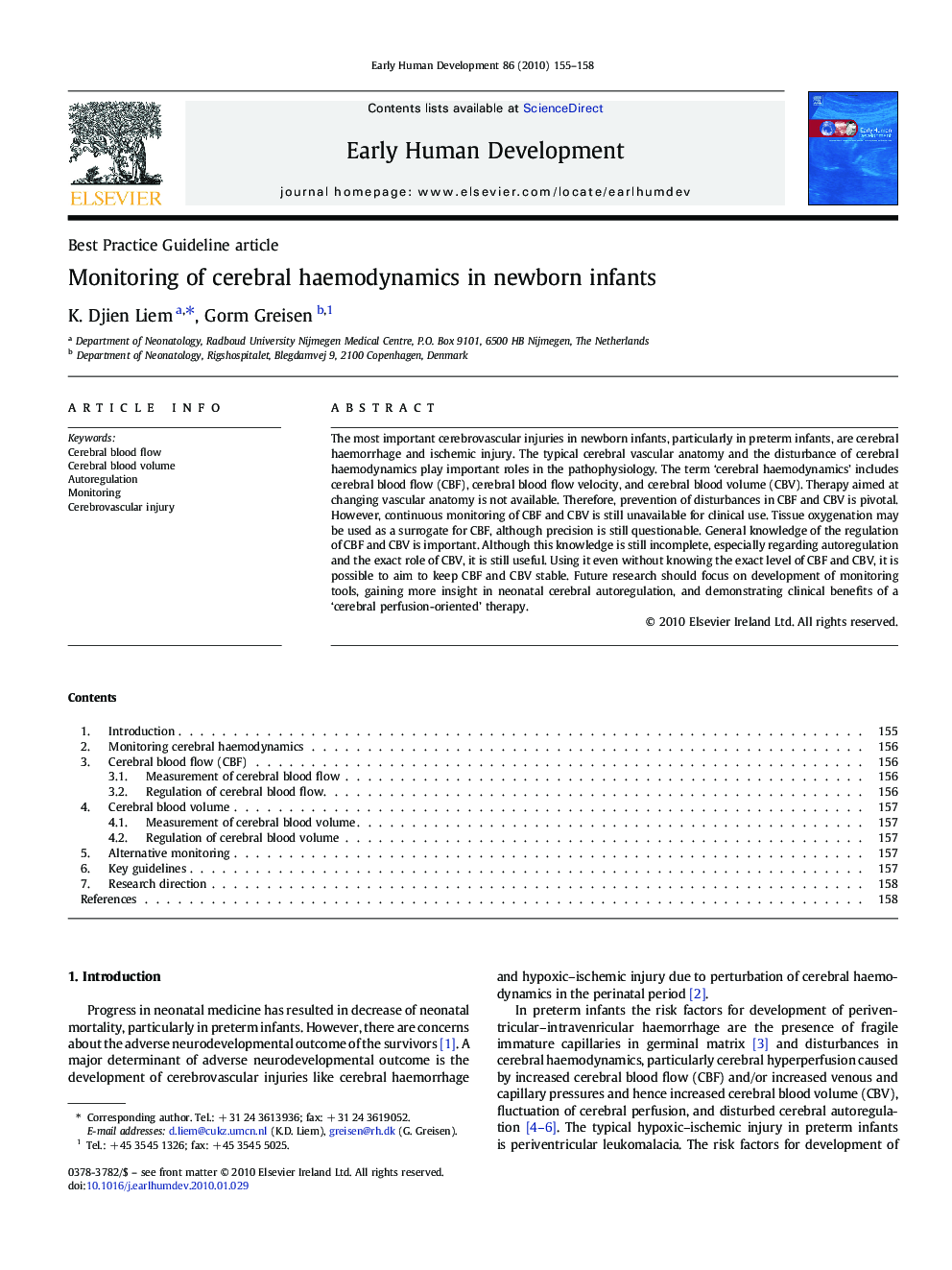 Monitoring of cerebral haemodynamics in newborn infants