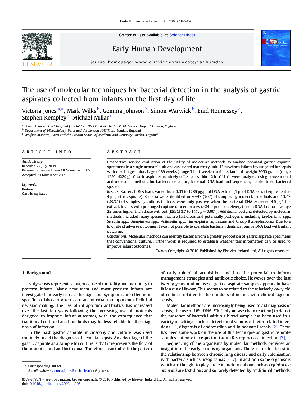 The use of molecular techniques for bacterial detection in the analysis of gastric aspirates collected from infants on the first day of life