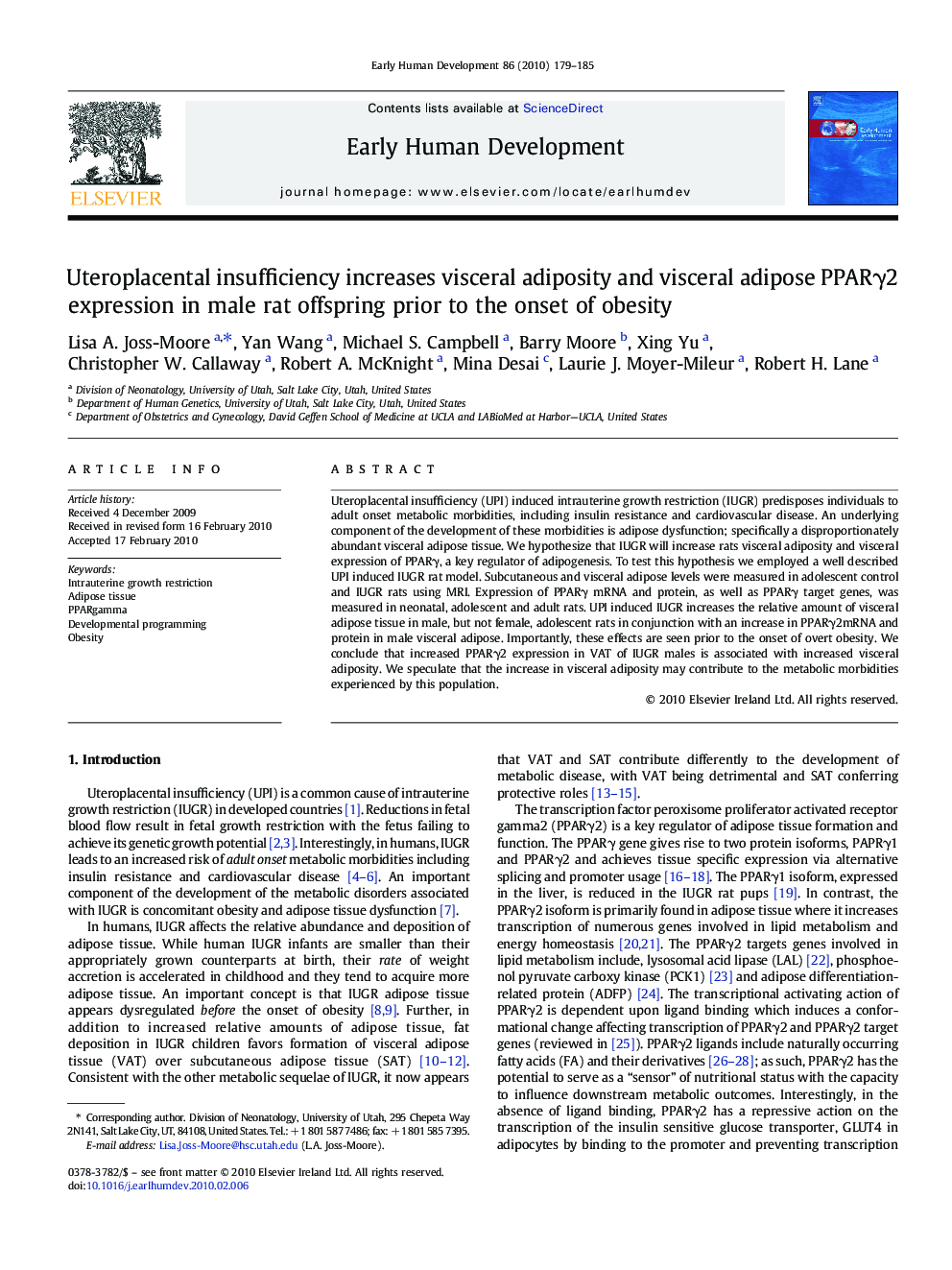 Uteroplacental insufficiency increases visceral adiposity and visceral adipose PPARγ2 expression in male rat offspring prior to the onset of obesity