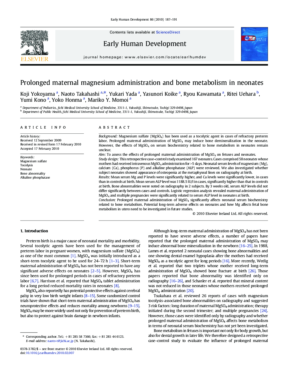 Prolonged maternal magnesium administration and bone metabolism in neonates