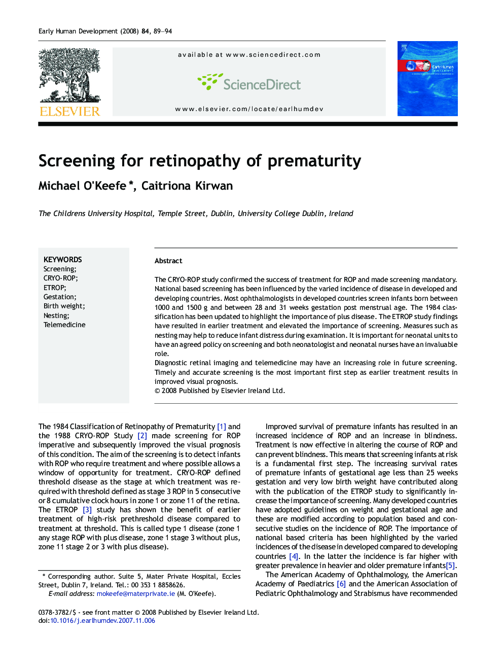 Screening for retinopathy of prematurity