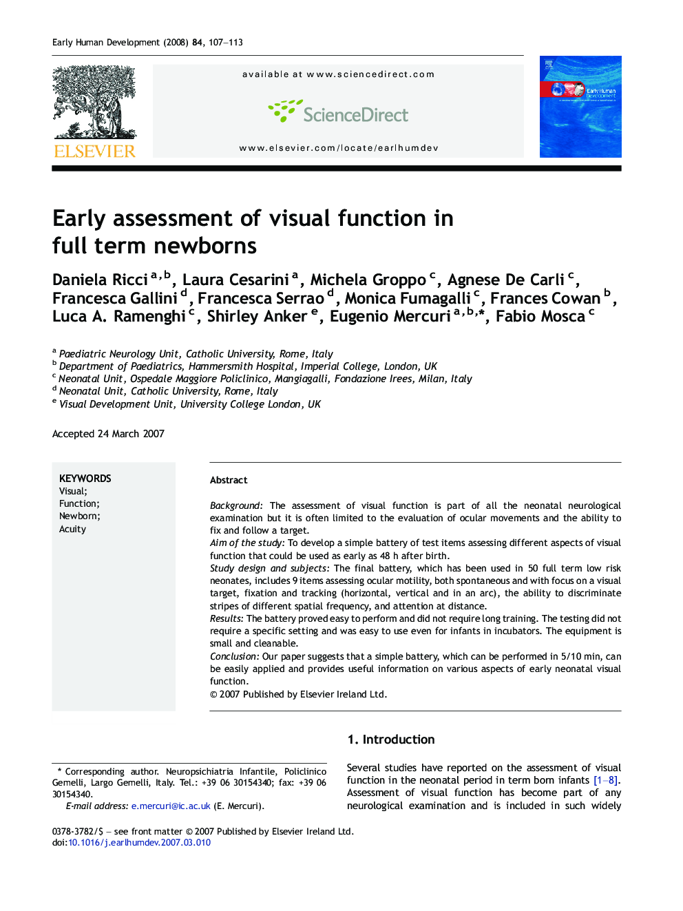 Early assessment of visual function in full term newborns