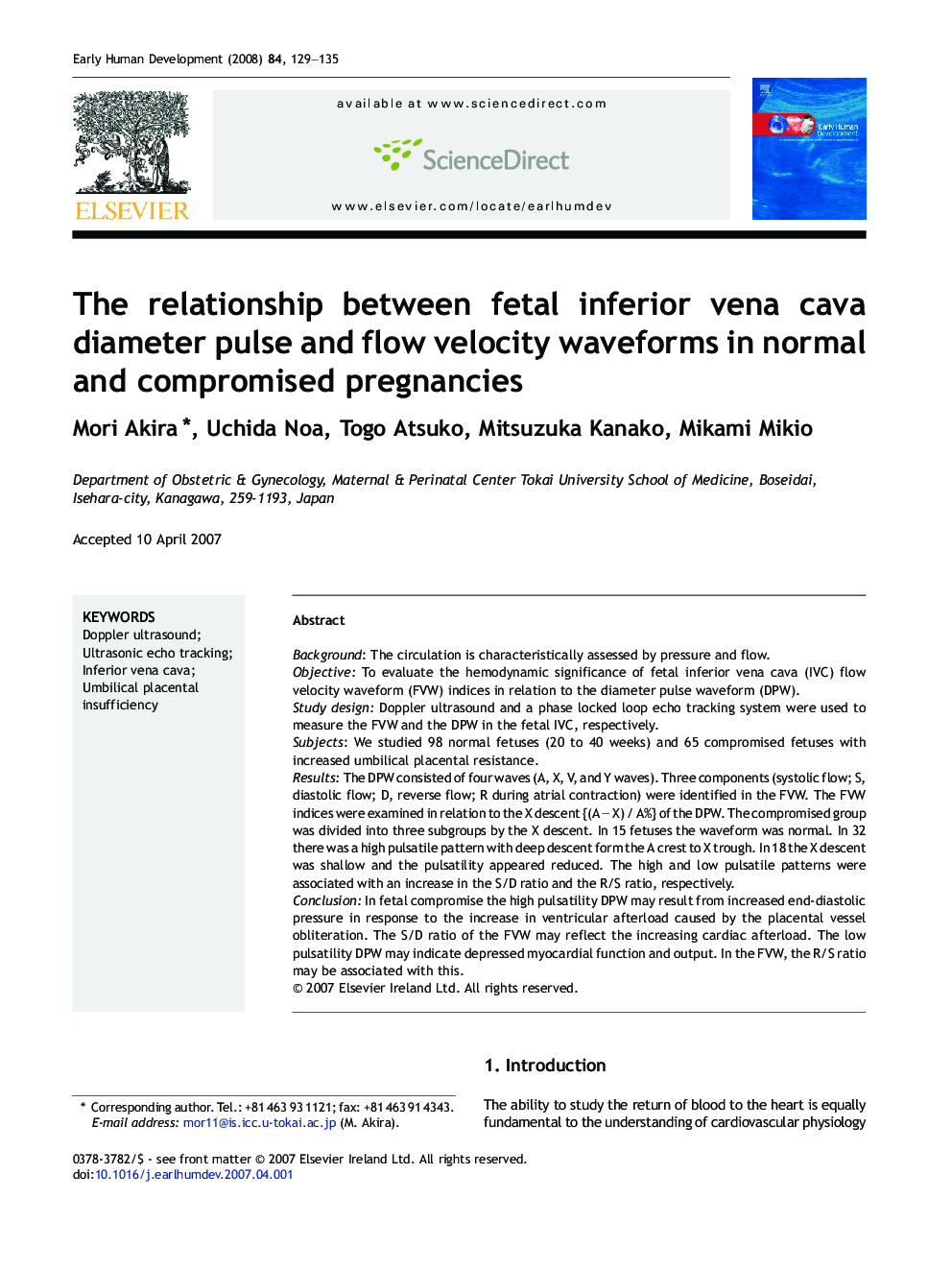 The relationship between fetal inferior vena cava diameter pulse and flow velocity waveforms in normal and compromised pregnancies