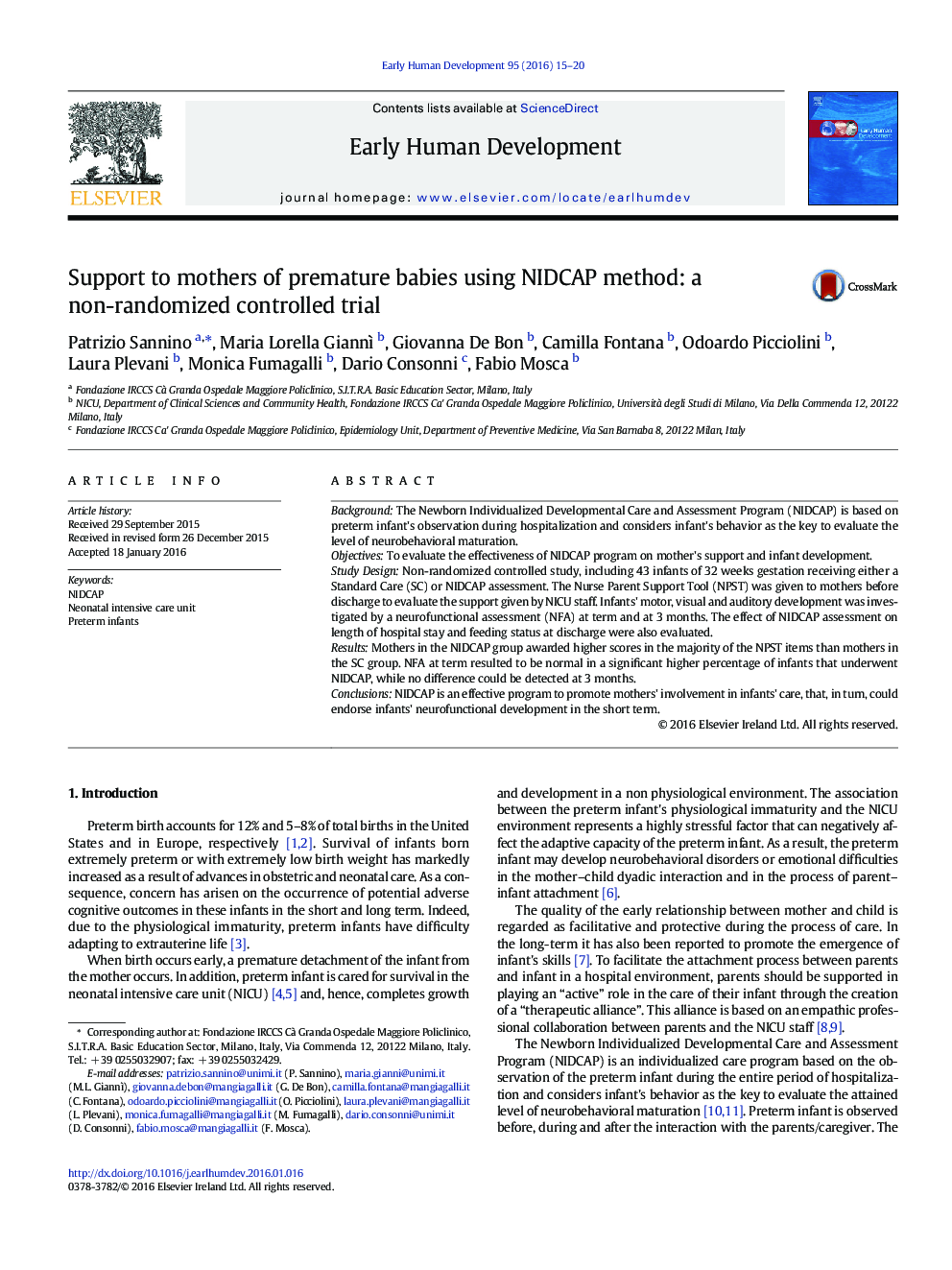 Support to mothers of premature babies using NIDCAP method: a non-randomized controlled trial