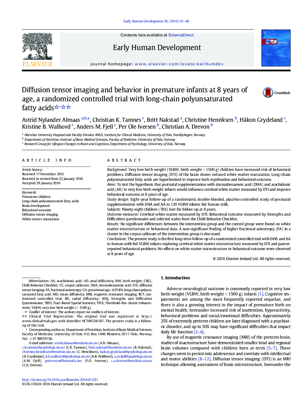 Diffusion tensor imaging and behavior in premature infants at 8 years of age, a randomized controlled trial with long-chain polyunsaturated fatty acids 