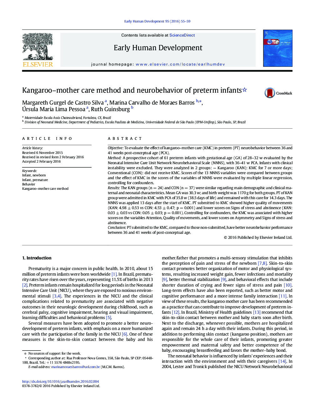 Kangaroo–mother care method and neurobehavior of preterm infants 