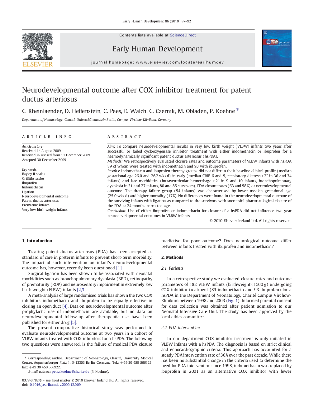 Neurodevelopmental outcome after COX inhibitor treatment for patent ductus arteriosus