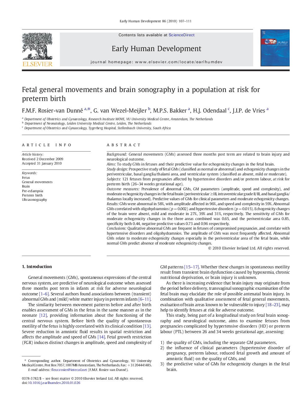 Fetal general movements and brain sonography in a population at risk for preterm birth