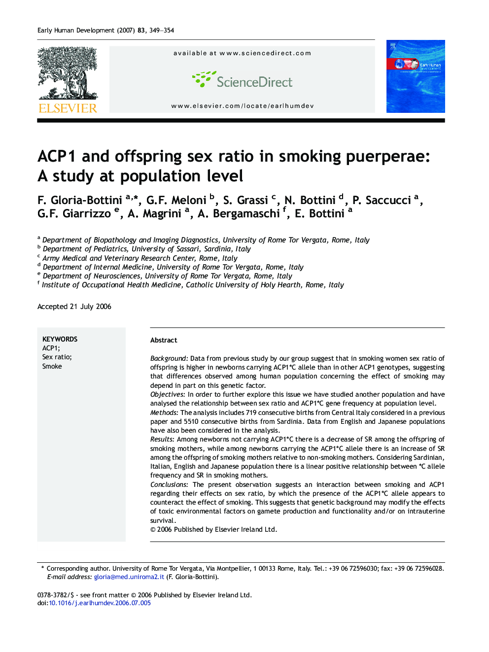 ACP1 and offspring sex ratio in smoking puerperae: A study at population level