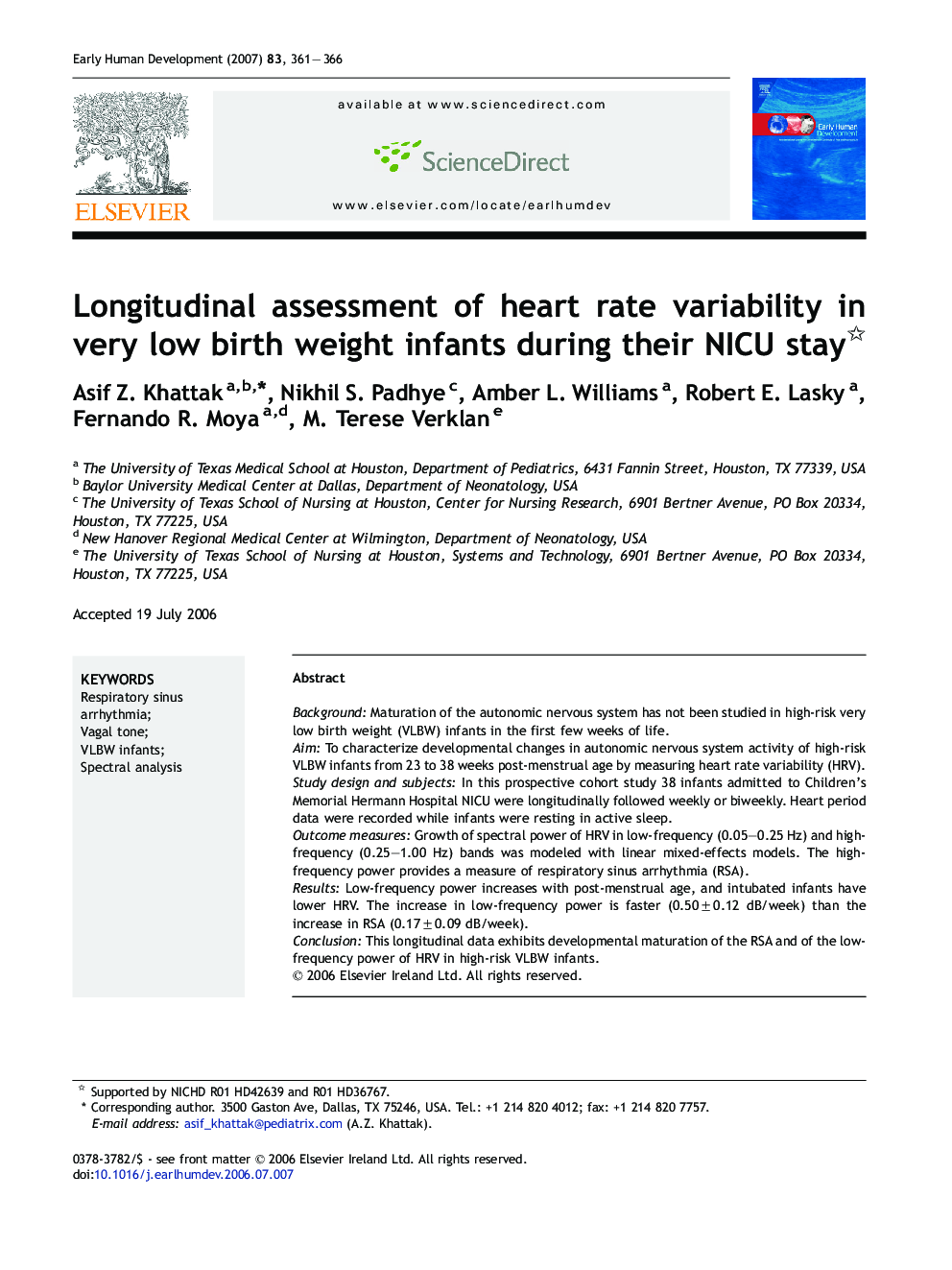 Longitudinal assessment of heart rate variability in very low birth weight infants during their NICU stay 