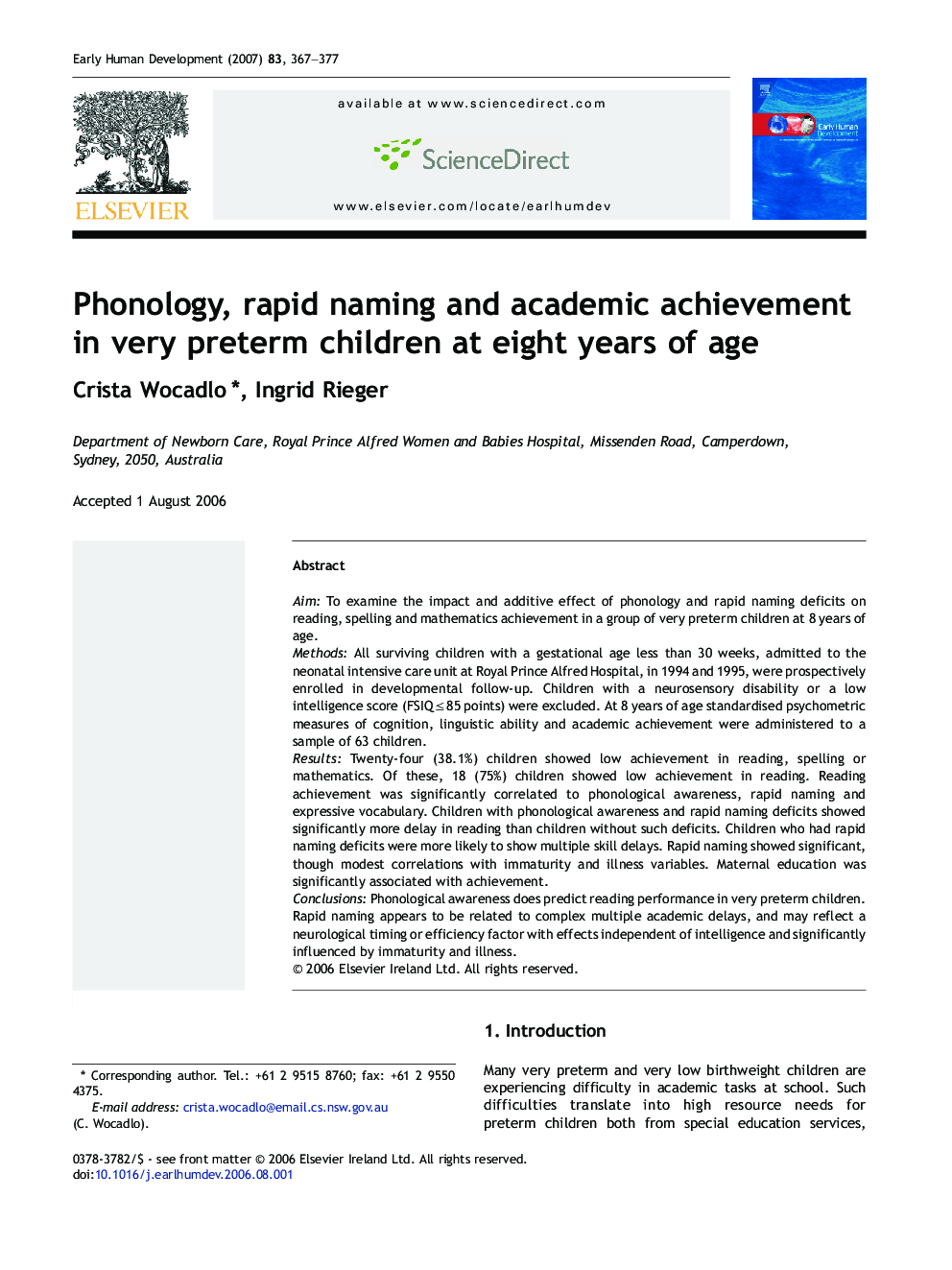 Phonology, rapid naming and academic achievement in very preterm children at eight years of age