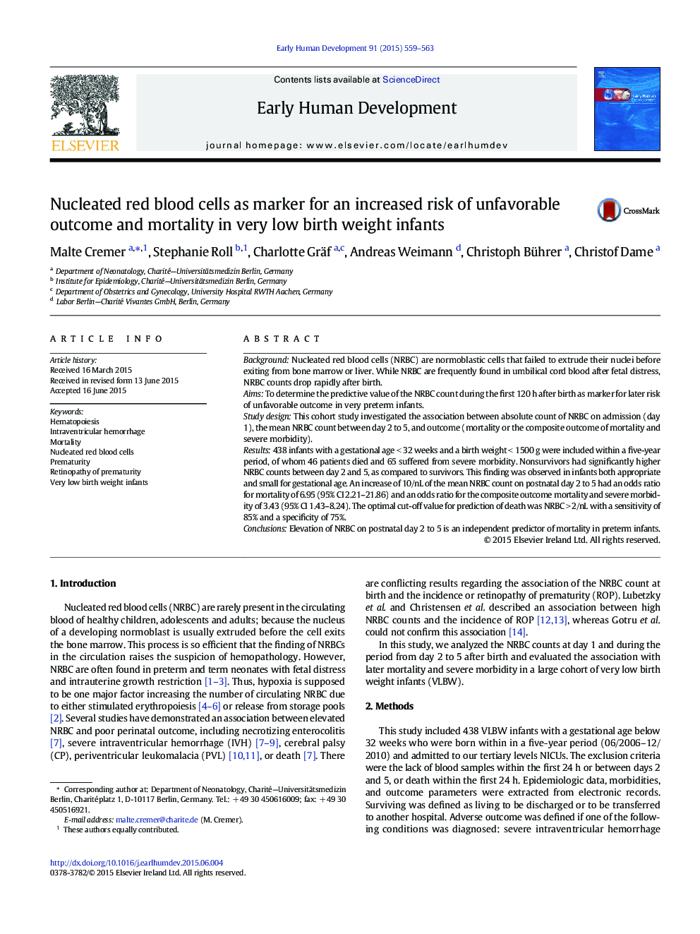 Nucleated red blood cells as marker for an increased risk of unfavorable outcome and mortality in very low birth weight infants