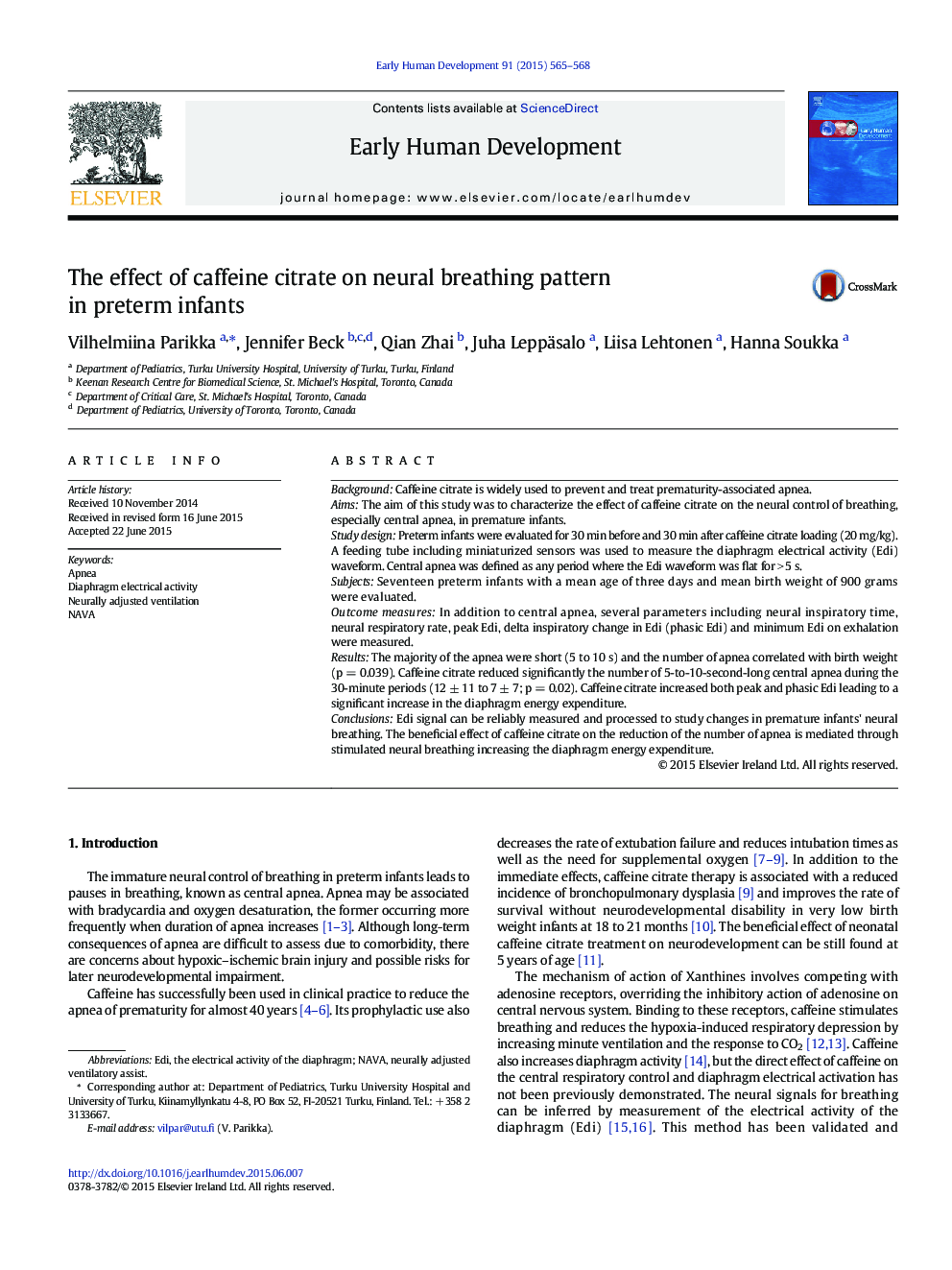 The effect of caffeine citrate on neural breathing pattern in preterm infants