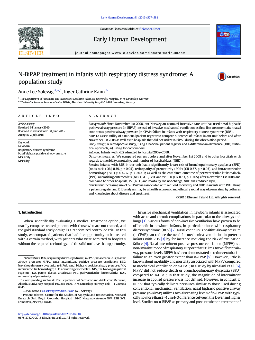 N-BiPAP treatment in infants with respiratory distress syndrome: A population study