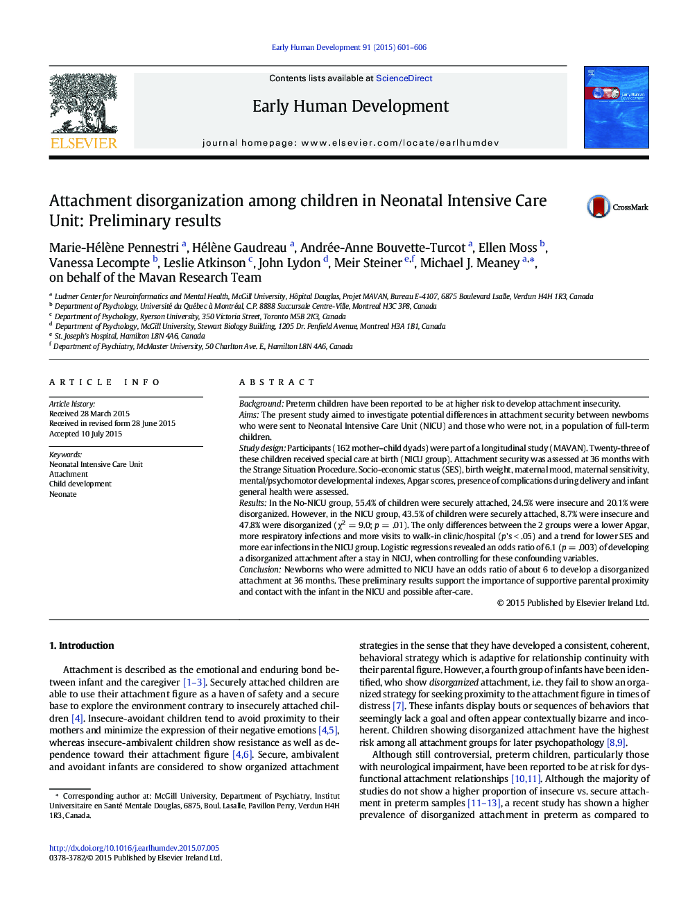 Attachment disorganization among children in Neonatal Intensive Care Unit: Preliminary results