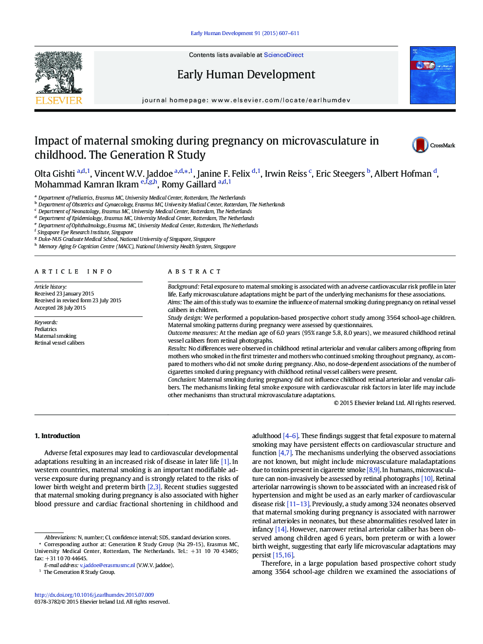 Impact of maternal smoking during pregnancy on microvasculature in childhood. The Generation R Study