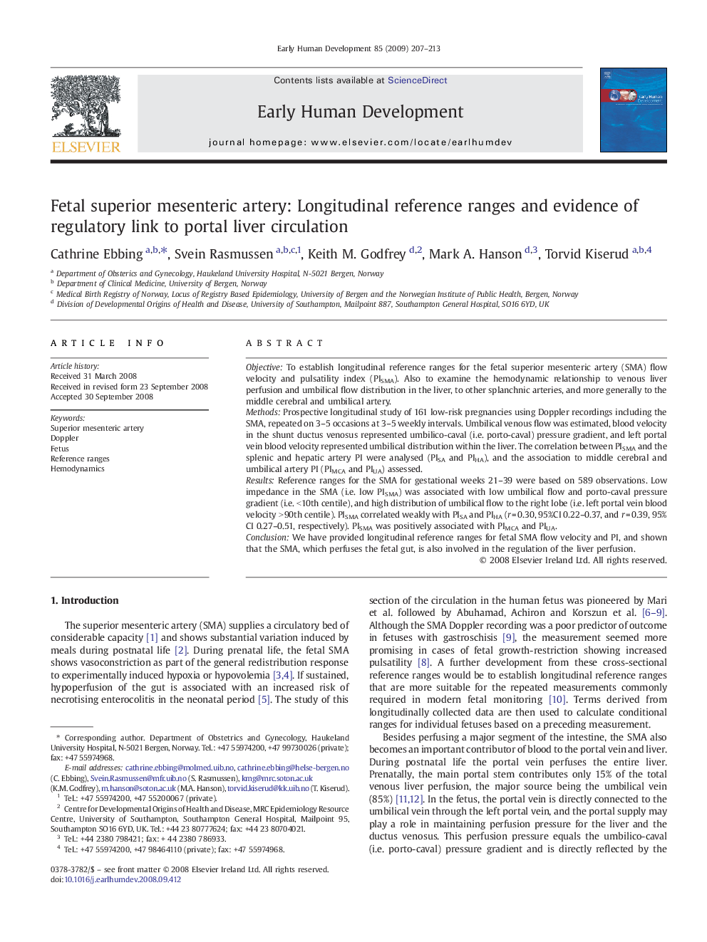 Fetal superior mesenteric artery: Longitudinal reference ranges and evidence of regulatory link to portal liver circulation