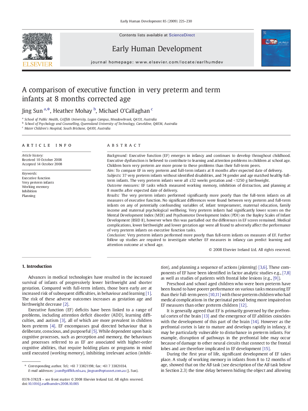 A comparison of executive function in very preterm and term infants at 8 months corrected age