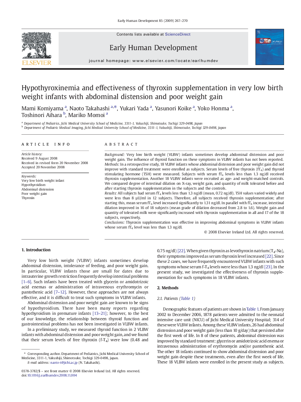 Hypothyroxinemia and effectiveness of thyroxin supplementation in very low birth weight infants with abdominal distension and poor weight gain