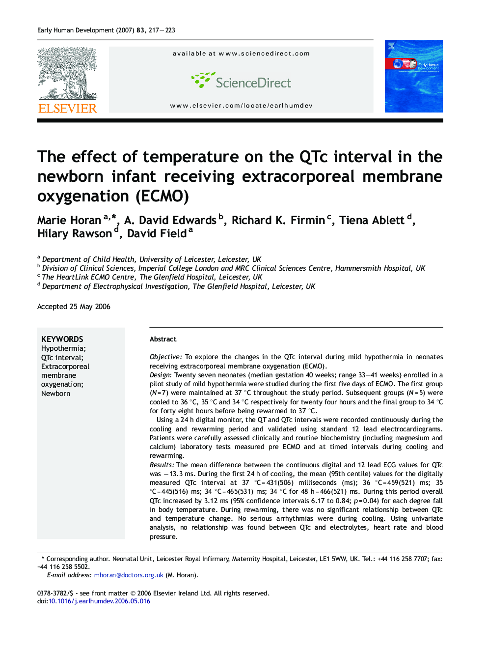 The effect of temperature on the QTc interval in the newborn infant receiving extracorporeal membrane oxygenation (ECMO)