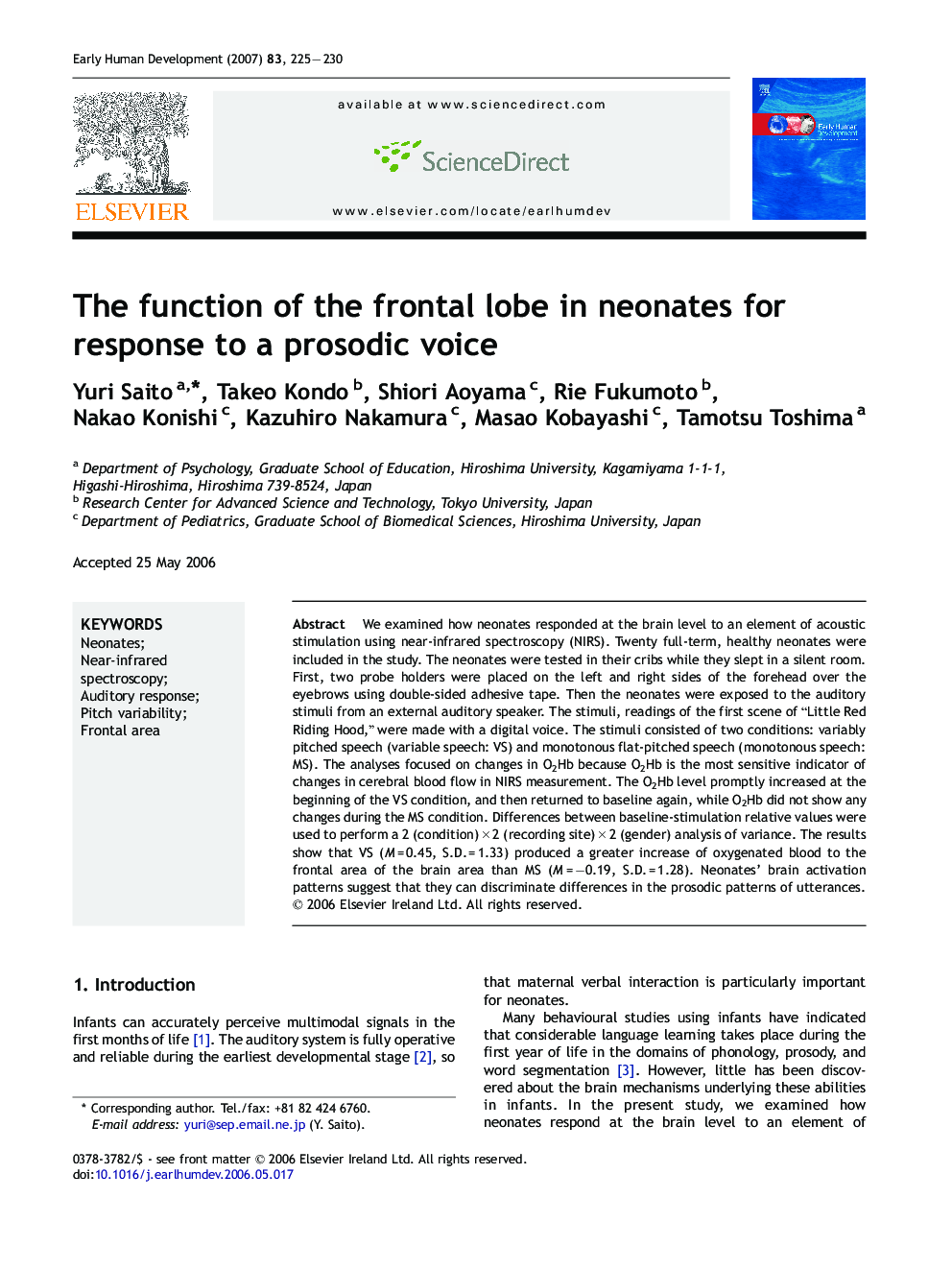 The function of the frontal lobe in neonates for response to a prosodic voice