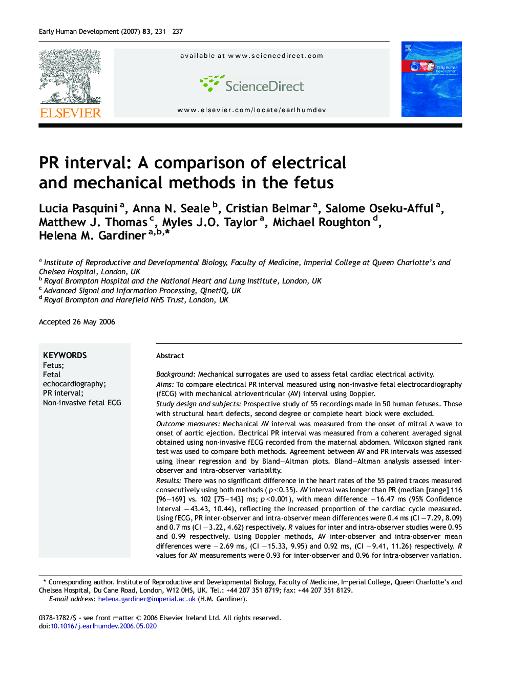 PR interval: A comparison of electrical and mechanical methods in the fetus