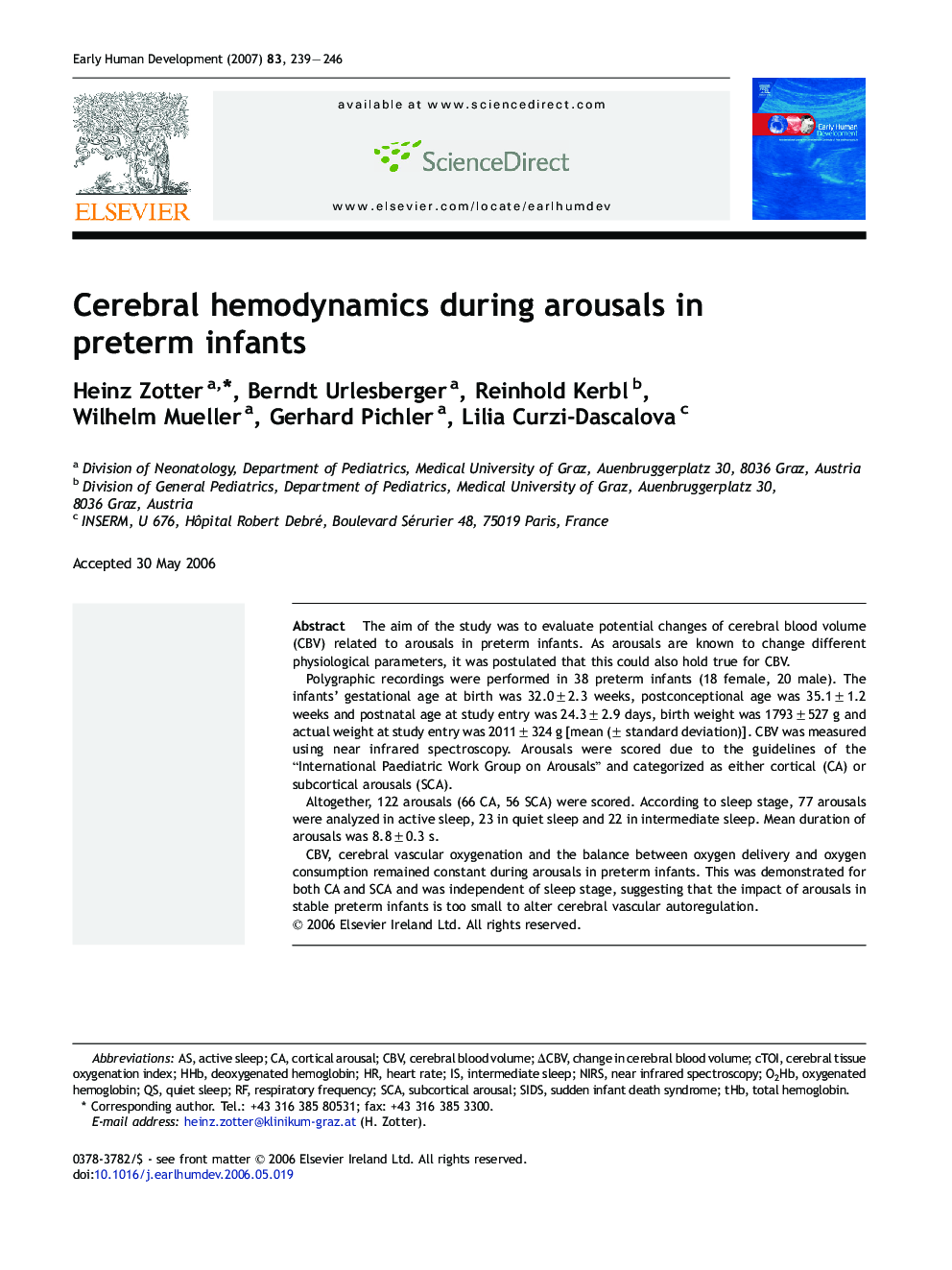 Cerebral hemodynamics during arousals in preterm infants