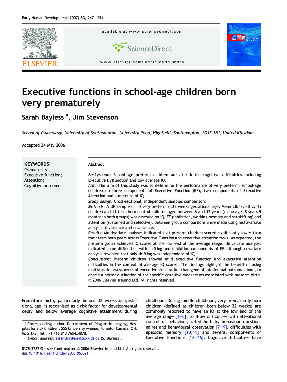 Executive functions in school-age children born very prematurely