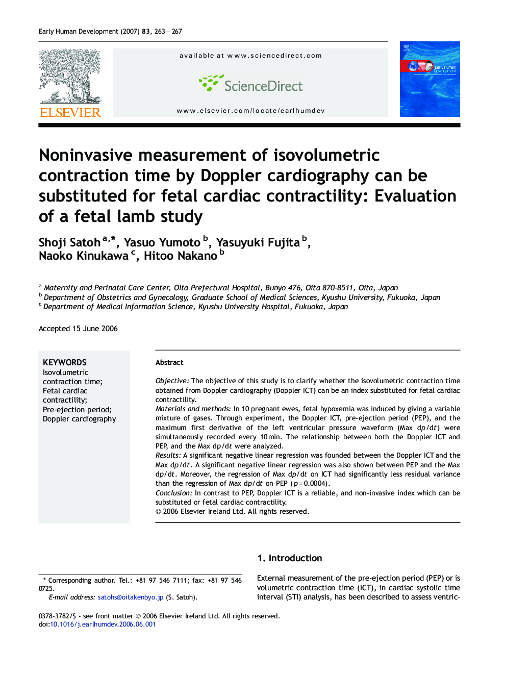 Noninvasive measurement of isovolumetric contraction time by Doppler cardiography can be substituted for fetal cardiac contractility: Evaluation of a fetal lamb study