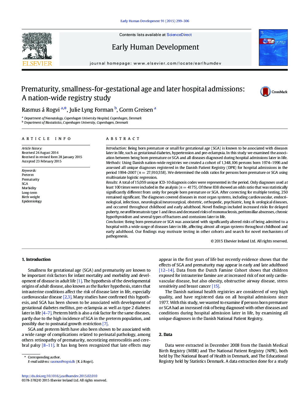 Prematurity, smallness-for-gestational age and later hospital admissions: A nation-wide registry study