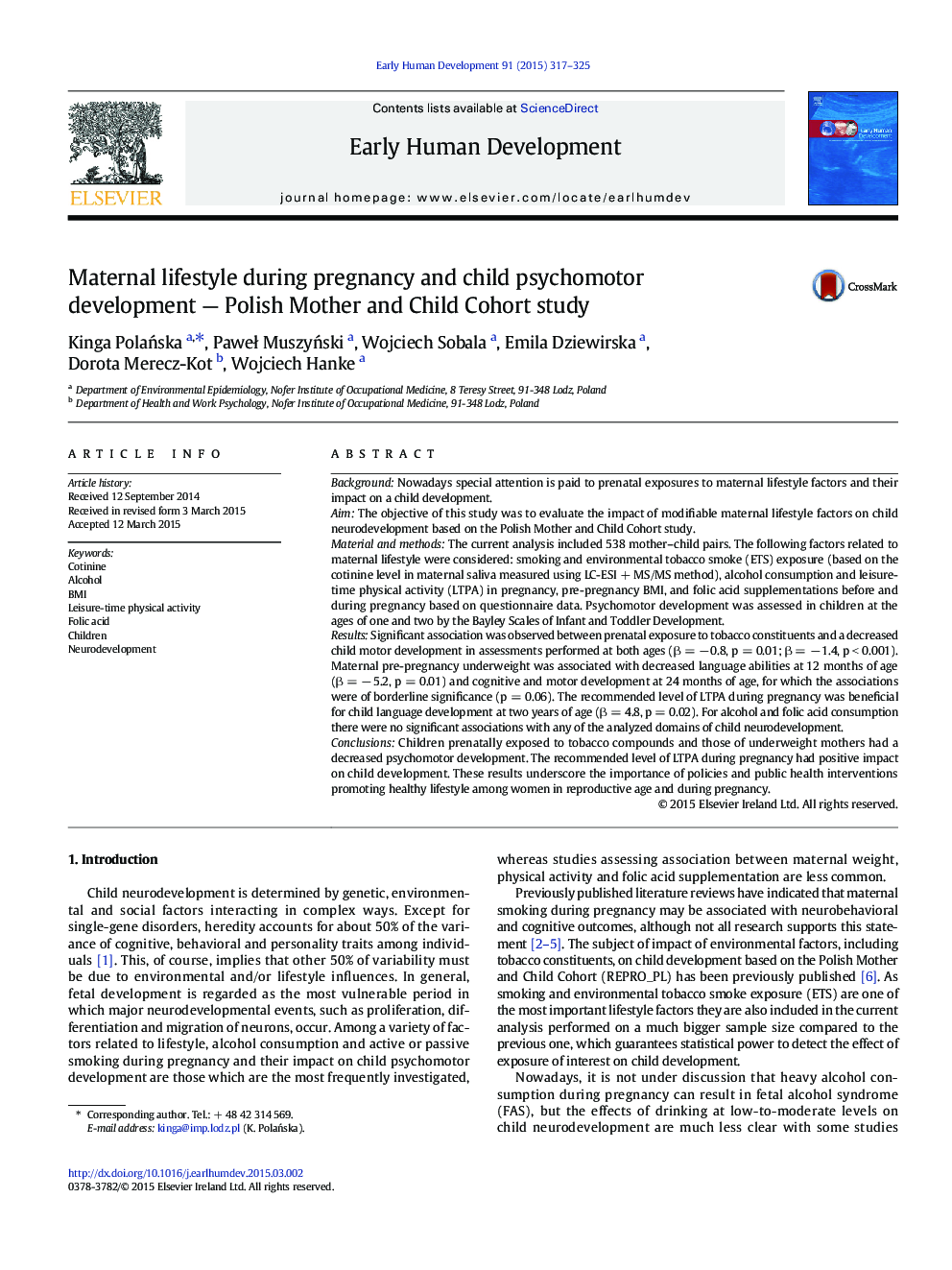 Maternal lifestyle during pregnancy and child psychomotor development — Polish Mother and Child Cohort study