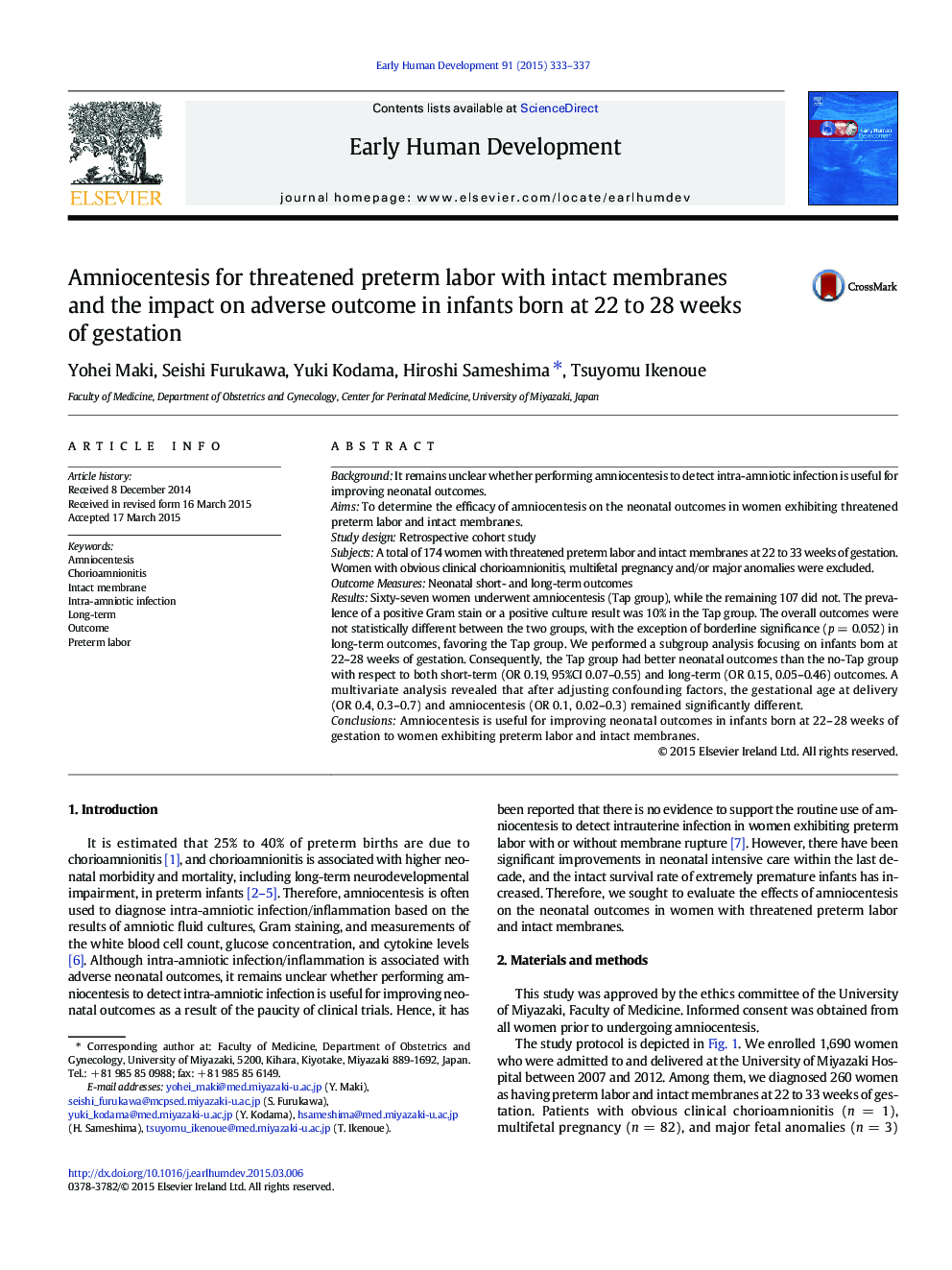 Amniocentesis for threatened preterm labor with intact membranes and the impact on adverse outcome in infants born at 22 to 28 weeks of gestation