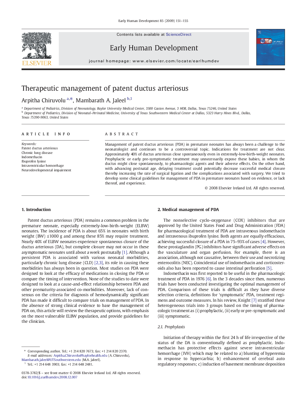 Therapeutic management of patent ductus arteriosus